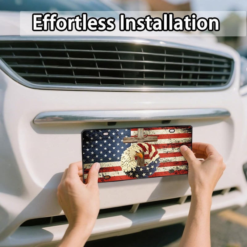 MCIAONE Front License Plate Eagle - American Flag License Plate with Eagle, Aluminum Cross Decorative License Plates Christian Novelty Vanity Tag, Car Decor Accessory with 4 Holes, 6×12 inch Car License Decor - Image 4